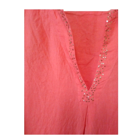 Eileen Fisher Womens Coral Pink 100% Irish Linen Sequin V-Neck Boho Tunic Top XS - Picture 10 of 16